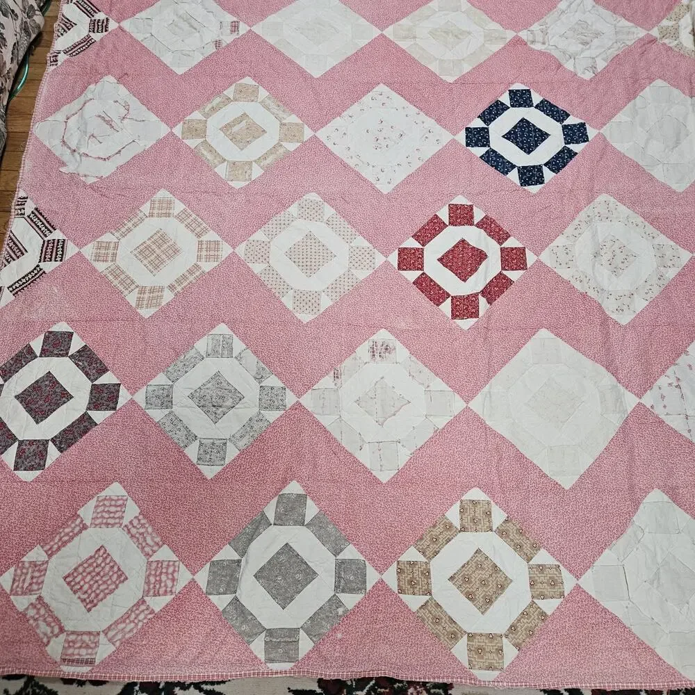 Vtg Hand pieced patchwork quilt 80X80 Chimney sweep design damage stains READ